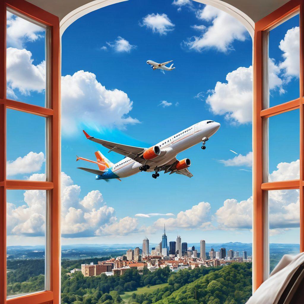 A picturesque airplane soaring through a bright blue sky, surrounded by fluffy white clouds, with diverse travelers happily looking out the windows. Below, a vibrant land with iconic landmarks visible, symbolizing blissful sightseeing destinations. Incorporate elements of flight reservations like boarding passes and luggage in a creative layout. The scene should feel joyful and adventurous. super-realistic. vibrant colors. white background.