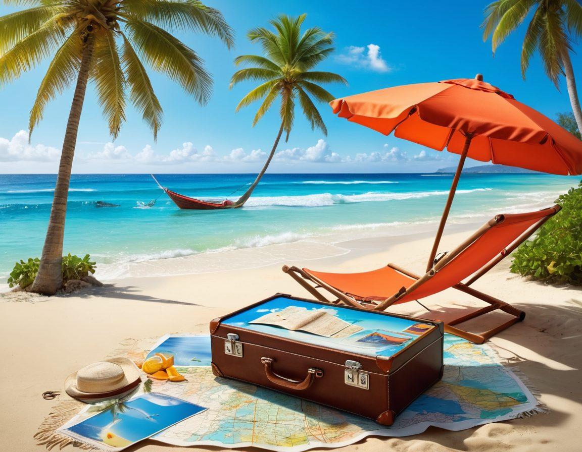 A whimsical travel scene showcasing a sunny beach with palm trees, a cozy hammock, and a colorful beach umbrella. Include a suitcase overflowing with travel essentials, a map partially unrolled, and an inviting cocktail on a small table. In the background, depict an airplane flying in a clear blue sky and vibrant ocean waves. Emphasize the joy of adventure and relaxation. super-realistic. vibrant colors. tropical vibes.