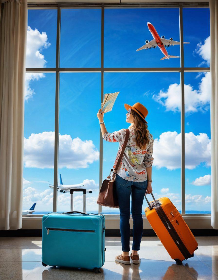 A cheerful traveler at an airport, holding a colorful suitcase, gazing out of a large window at a bright blue sky filled with fluffy clouds and an airplane taking off. Surrounding them are whimsical travel-related items like a world map, photographs, and a travel guidebook. The scene evokes excitement and anticipation for adventure. vibrant colors. super-realistic.